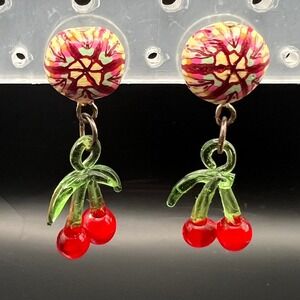 Cherry Dangle Earrings Colorful Round‎ Post Earrings Fun Quirky Jewelry